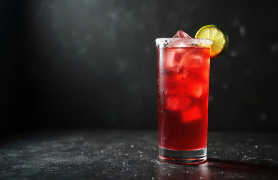 Michelada in glass with lime. Refreshing drink with ice is on black surface. Cool beverage on dark background. Summer alcohol cocktail close up. Margarita served in bar. Red juice in glass.