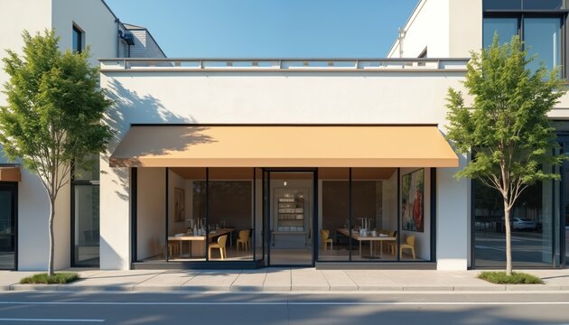 Exterior view of modern shop facade with tan awning on bright sunny day. Empty restaurant with furniture stands near road. Urban store front design faces city street.
