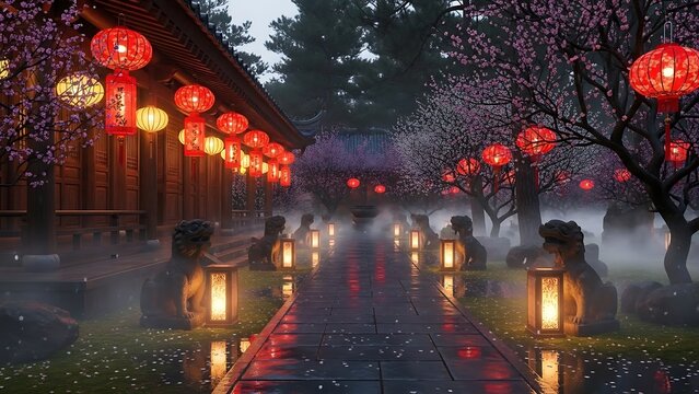Chinese Lanterns and Stone Lion in Misty Garden - Powered by Adobe