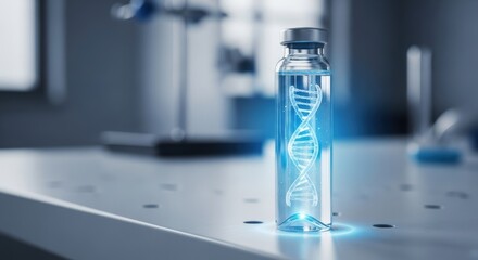 A glass vial containing a DNA strand sits on a laboratory table in a cool blue tone suggesting scientific research and medical advancement