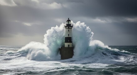 Dramatic Lighthouse Scene - Towering Waves Crashing Against a Coastal Beacon.