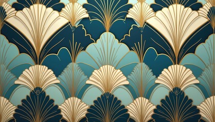Elegant art deco pattern with geometric fan shapes in teal gold and cream hues. This design evokes luxury sophistication and a vintage 1920s feel perfect for stylish backgrounds.