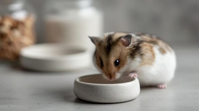 A cute hamster is enjoying food in the bowl