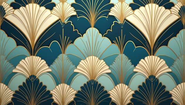 Elegant art deco pattern with geometric fan shapes in teal gold and cream hues. This design evokes luxury sophistication and a vintage 1920s feel perfect for stylish backgrounds.