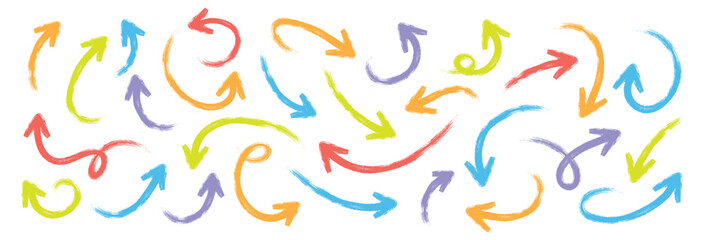 Chalk pastel color pencil texture line kids fun arrow icon. Curved and straight lines, rough edges directional pointers. Vector illustration.