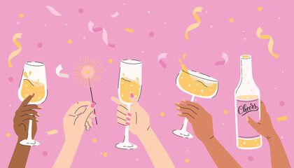 Celebration. Hands clinking glasses with champagne. Human hands with champagne glasses and sparklers on confetti background. Vector illustration © Jevgeniya Mukhitova