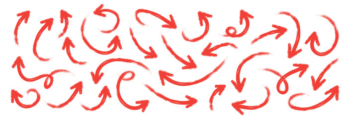 Red grunge brush hand drawn curved arrows. Doodle marker thick arrows in different directions. Grunge rough direction shape for design. Vector brush strokes illustration collection	