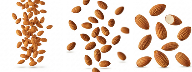 Almonds in varying arrangements are against a transparent background. They include falling almonds, scattered almonds and close up almonds, with one kernel exposed.

