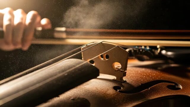 Close up of a musician playing a classical violin with rosin dust flying from the strings. Dramatic lighting on a vintage wooden instrument during a performance or rehearsal