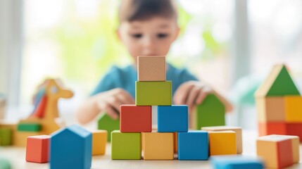 Youngster Engaged in Building Tower with Colorful Blocks in Playroom, Fostering Creativity and Fine Motor Skills, Copy Space Available