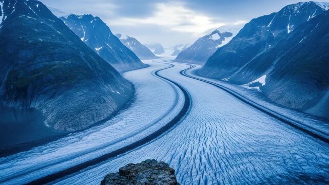 Surreal kaleidoscopic panorama of a massive glacier flowing through a remote mountain valley. Cold arctic landscape with blue ice crevasses and dramatic cloudy skies