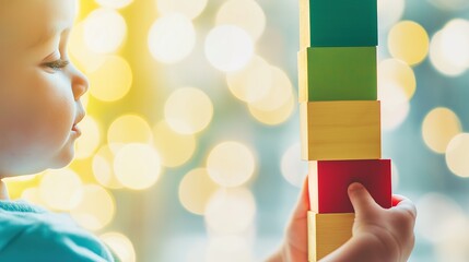 Youngster Engaged in Building Tower with Colorful Blocks in Playroom, Fostering Creativity and Fine Motor Skills, Copy Space Available