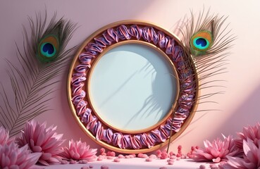 Round frame with peacock feathers and pink flowers. Festive mockup for celebration, design, or holiday announcement. Soft pastel background with natural light.