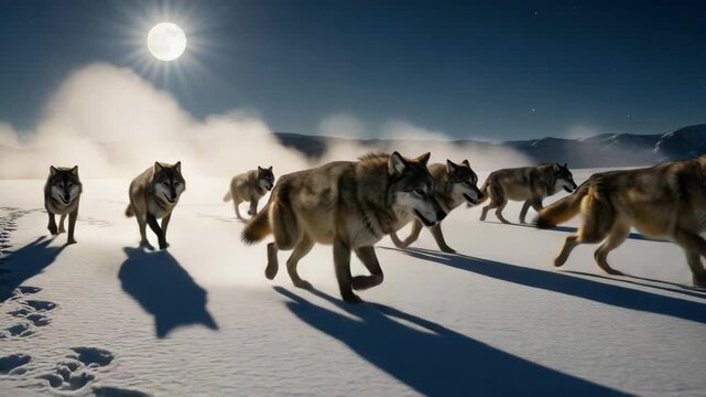 A pack of majestic gray wolves running through a snowy winter landscape at night. Wild animals illuminated by a bright full moon creating a dramatic and powerful scene