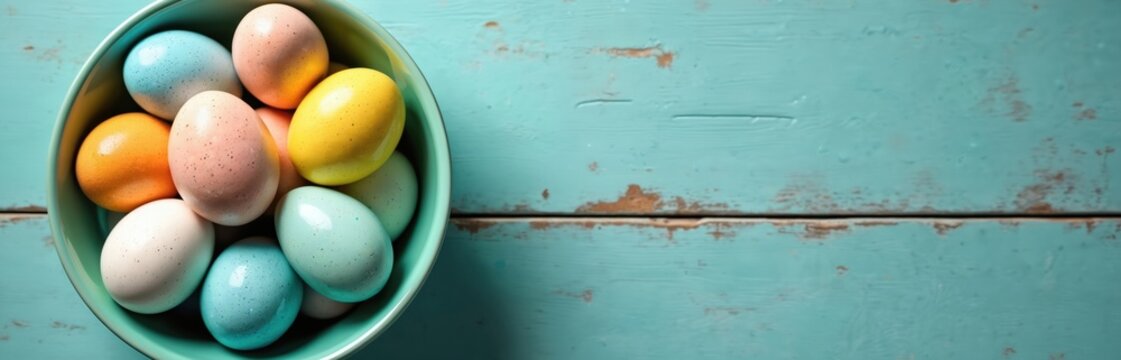 Colorful speckled eggs fill teal bowl, creating festive display. Blue, pink, yellow, orange, white pastel eggs arranged neatly. Decorative eggs sit on distressed wood planks, adding rustic charm. - Powered by Adobe