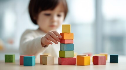 Youngster Engaged in Building Tower with Colorful Blocks in Playroom, Fostering Creativity and Fine Motor Skills, Copy Space Available