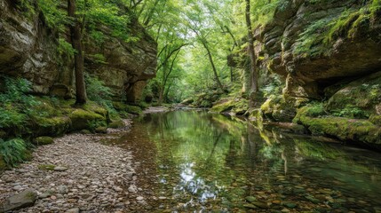 Obraz premium Serene creek flows through lush, moss-covered canyon walls, reflecting the tranquil forest canopy above