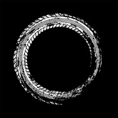 Grunge circle tire track, wheel braking mark. Truck, car or motorcycle tread pattern silhouettes. Auto race, motorsport, speed racing design element. Vector illustration