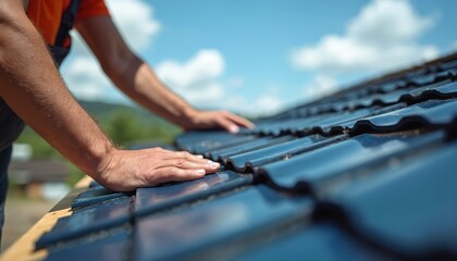 Man installs dark blue ceramic roof tiles on house under clear sky. Roofer lays shingles on building structure top for new home construction and repair work.