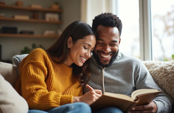 Happy multiracial couple shares book and laughs together on couch. Woman writes in notebook while man reads, enjoying cozy home time during cold season.