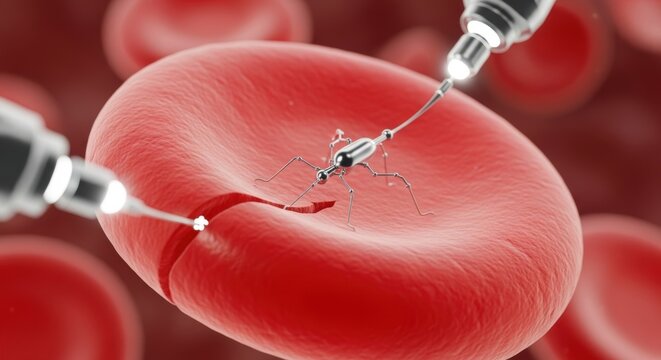 A microscopic robot repairs a red blood cell using advanced nanotechnology in a medical illustration