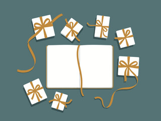 Gift of time: Wrapped presents surround an open book, symbolizing thoughtful generosity and the value of shared moments. A serene and inviting composition.