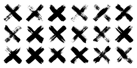 Obraz premium Grunge crosses, brush strokes, x mark, lines, ink smudges, hand-drawn scribble shapes. Handmade sketchy marks, acrylic stains, charcoal streaks. Paint textures, dry brush effect. Vector illustration