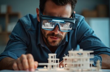 Man wears modern AR glasses. Reviews building model, seeing virtual structures in reality. Architect plans new construction project with innovation tech tool, integrating digital, physical designs.