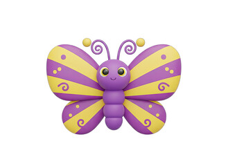 Cute 3D Purple and Yellow Butterfly with Swirl Decorations on Wings Isolated on Transparent Background