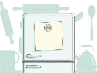 A refrigerator displays a handwritten recipe note with a croissant magnet. Warm kitchen setting with baking tools. Appealing, inviting, and perfect for food or lifestyle themes.