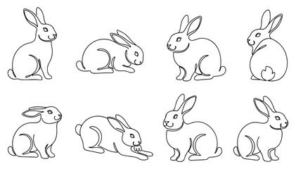 Stylized rabbit line art set, black and white illustrations of bunnies in various poses for design and education