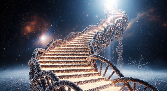 A staircase made of DNA strands leads up to a bright light in the cosmic background