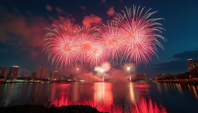 Colorful fireworks explode over city waterfront at night. Festive pyrotechnic display reflects on river surface. Urban skyline illuminated during holiday celebration. Spectacular light show
