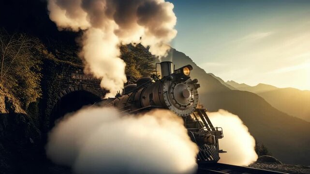 An old steam locomotive exits a dark mountain tunnel with clouds of smoke and steam. Vintage railway engine on a historic journey through nature during a golden sunset