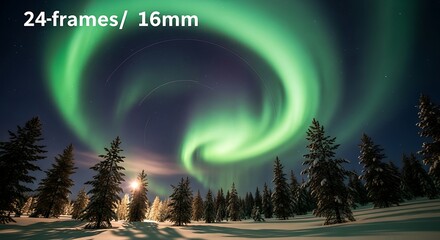 Enchanting Aurora Borealis Display Over a Winter Forest Landscape.