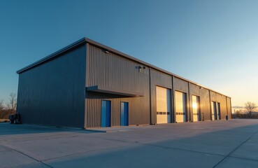 Modern warehouse building exterior with metal facade at sunset. Industrial commercial property with large garage roller doors, blue entrance. Storage facility small distribution center stands against