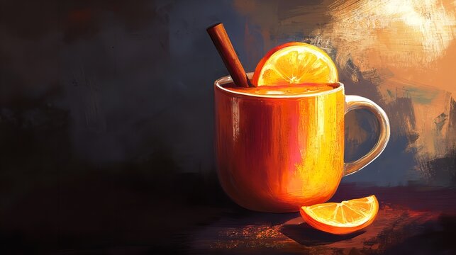 Warm, glowing orange mug filled with mulled cider or punch, garnished with a cinnamon stick and fresh orange slice, evoking a cozy autumn or winter feeling
