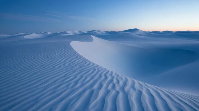 Vast desert landscape with rolling white sand dunes under a clear twilight sky. This serene and minimalist scene shows rippled sand patterns in the soft blue light