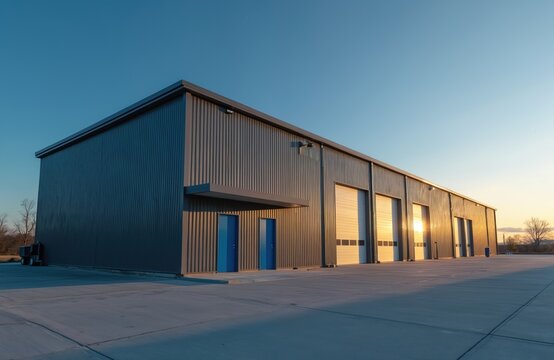 Modern warehouse building exterior with metal facade at sunset. Industrial commercial property with large garage roller doors, blue entrance. Storage facility small distribution center stands against