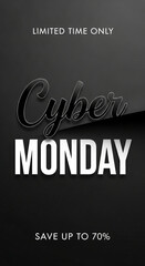 Promotional image on dark gray background with black stylized text "Cyber" and white text "Monday" offering discount for limited time, up to 70%