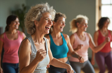 Group of middle-aged women in fitness class. Women exercising together in studio, dancing, smiling. Female friends fun, enjoying aerobics training with instructor. Active lifestyle, wellness,