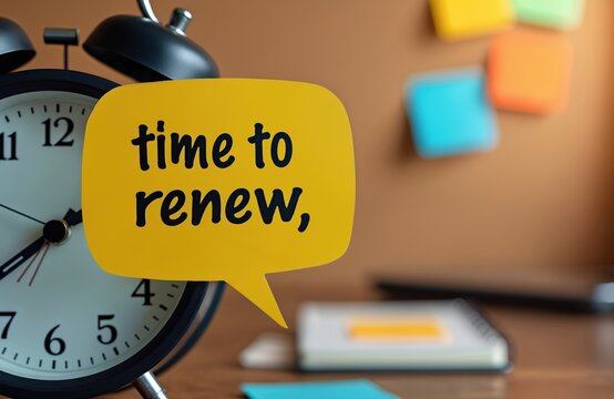 Black alarm clock shows time on office desk. Yellow speech bubble sticker displays time to renew on face. Blurred sticky notes, notebook sit in background. New beginnings, goals, business planning,