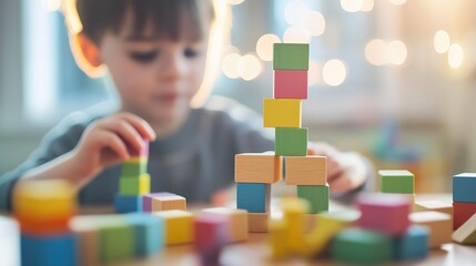 Youngster Engaged in Building Tower with Colorful Blocks in Playroom, Fostering Creativity and Fine Motor Skills, Copy Space Available