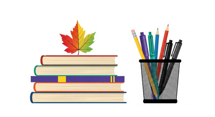Fototapeta premium Colorful books stacked high with autumn leaf and pens in a holder represent knowledge, learning, and education for back to school concepts