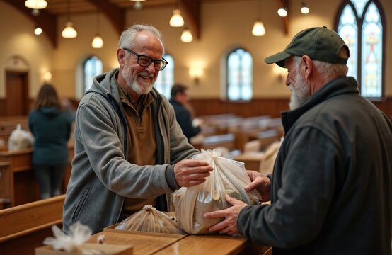 Elderly men share food bags inside church pews. Volunteers help needy people with charity donations. Community members offer aid during parish event. Love and support for poor.