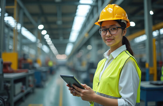 Asian woman engineer stands in industrial factory hall. She wears safety vest and hardhat. Female worker holds tablet. She looks at camera smiling in factory with equipment production line.