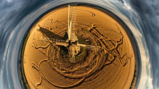 Dramatic tiny planet panorama of a traditional windmill in a rural wheat field. Composite triptych showing the passage of time as the sails rotate under a stormy sky
