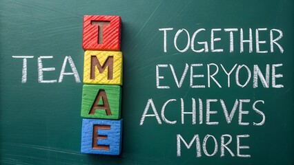 Teamwork acronym spelled out with colorful wooden blocks on a green chalkboard next to the written phrase together everyone achieves more concept