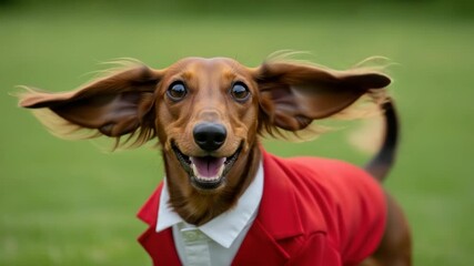 Funny long haired dachshund in a red jacket running with floppy ears flying. Adorable purebred dog with a happy expression enjoying outdoor activity in a motion sequence