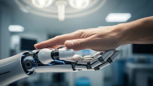 A human hand makes gentle contact with a futuristic bionic arm in a hospital operating room. The symbolic connection between humanity and artificial intelligence in medicine